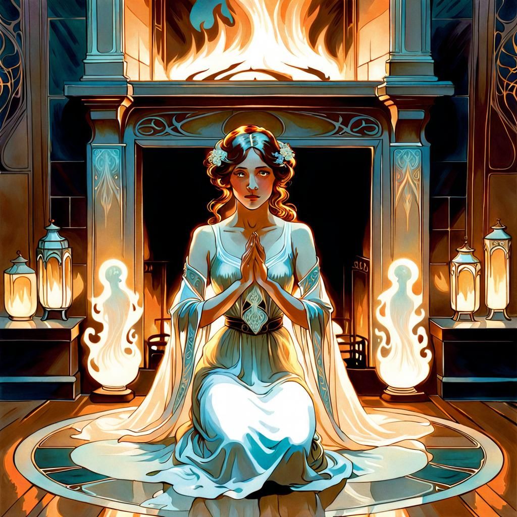 Ethereal Ghosts Frame Woman in Art Nouveau Style
