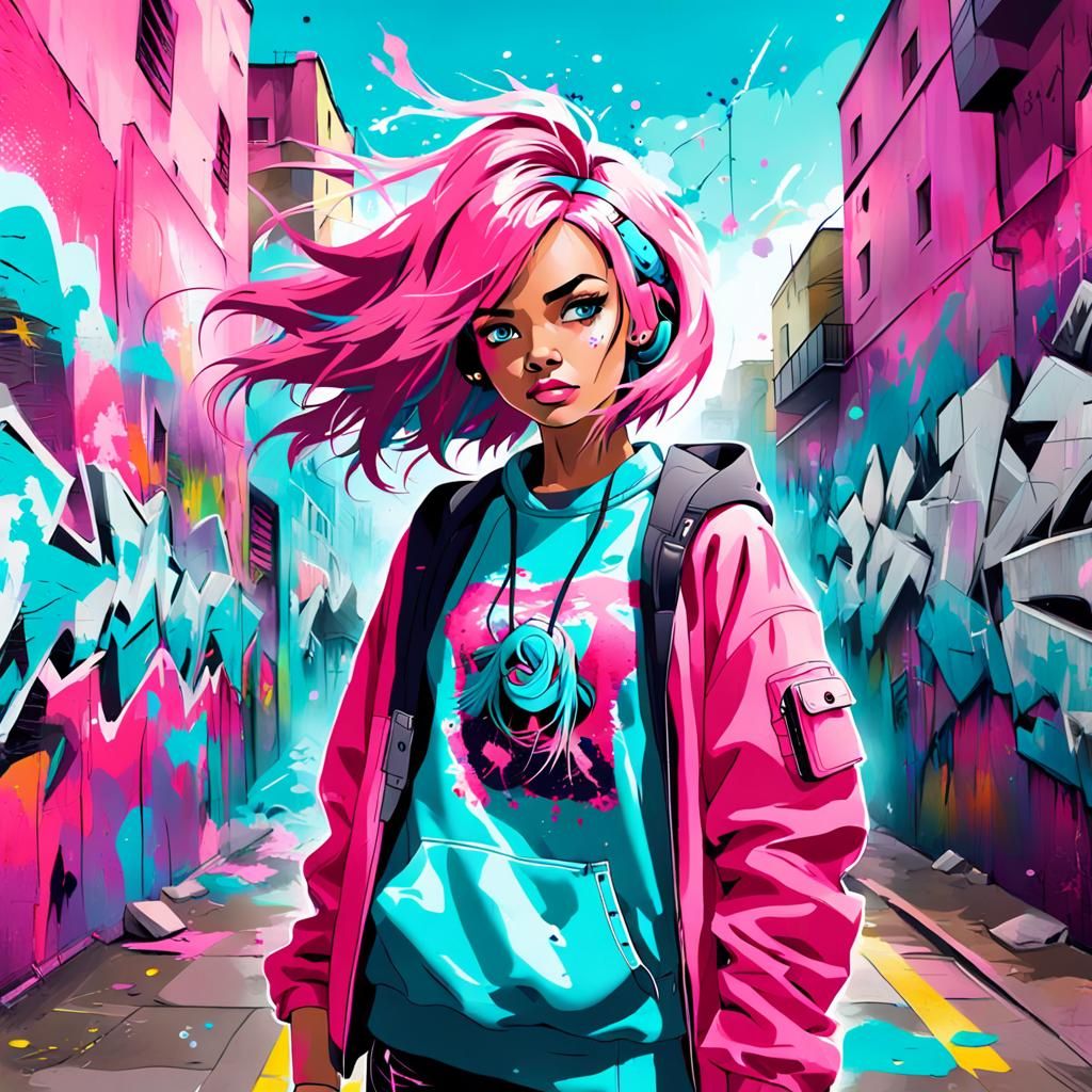 Vibrant Graffiti Art of Woman in Pink