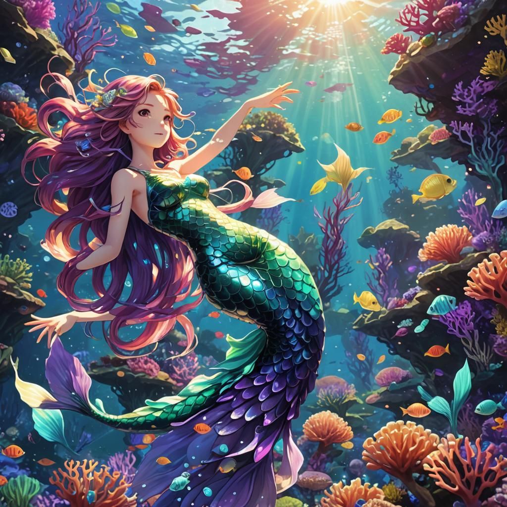Colorful Mermaids in Coral Reef: Anime Art