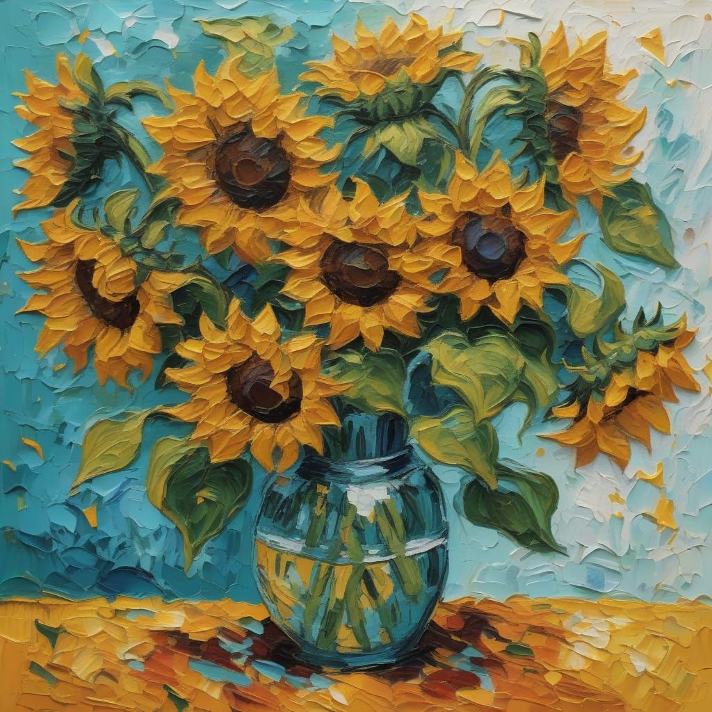 Van Gogh Style Sunflowers with Thick Impasto Texture