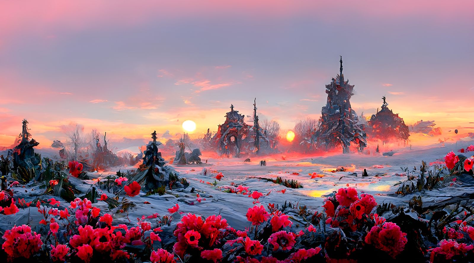 Winter Sunset Landscape in Hyperreal Digital Art Style