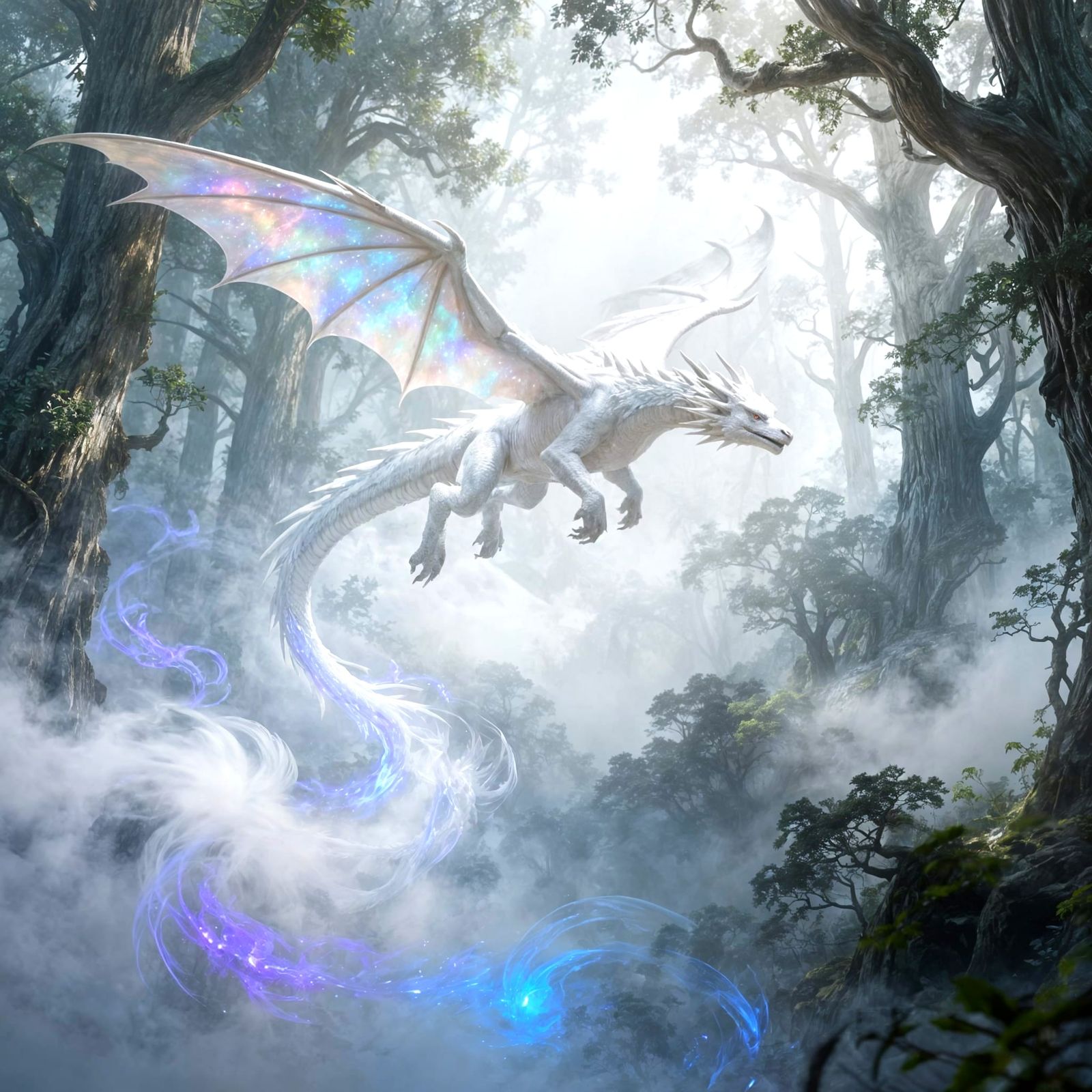 Majestic White Dragon Soars Over Misty Magical Forest