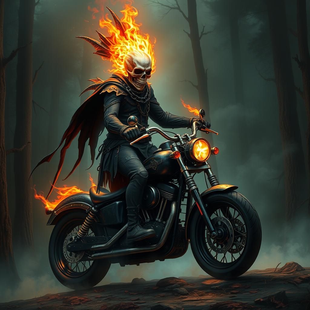 Ghost Rider in Mystical Forest with Chain-Halberd