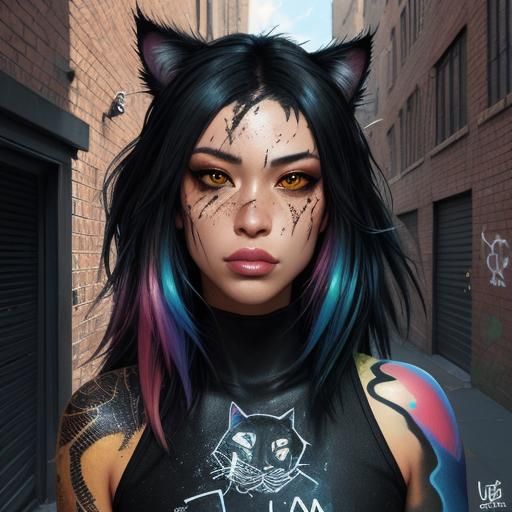 Polychromatic Graffiti: Black Cat in City Alley