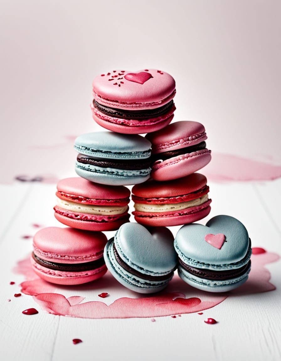 Delicate Pastel Macarons on Valentine's Day in Watercolor St...
