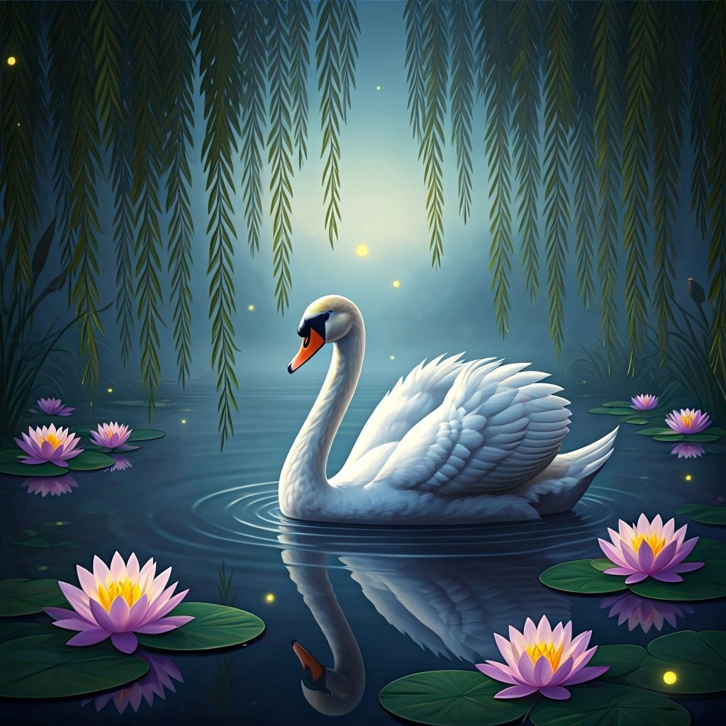 Enchanting Swan Gliding on Reflective Twilight Pond