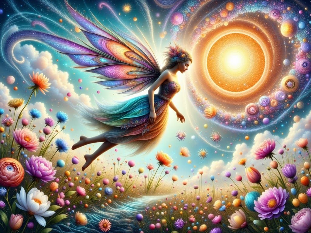 Whimsical Fairy in a Celestial Spring Meadow