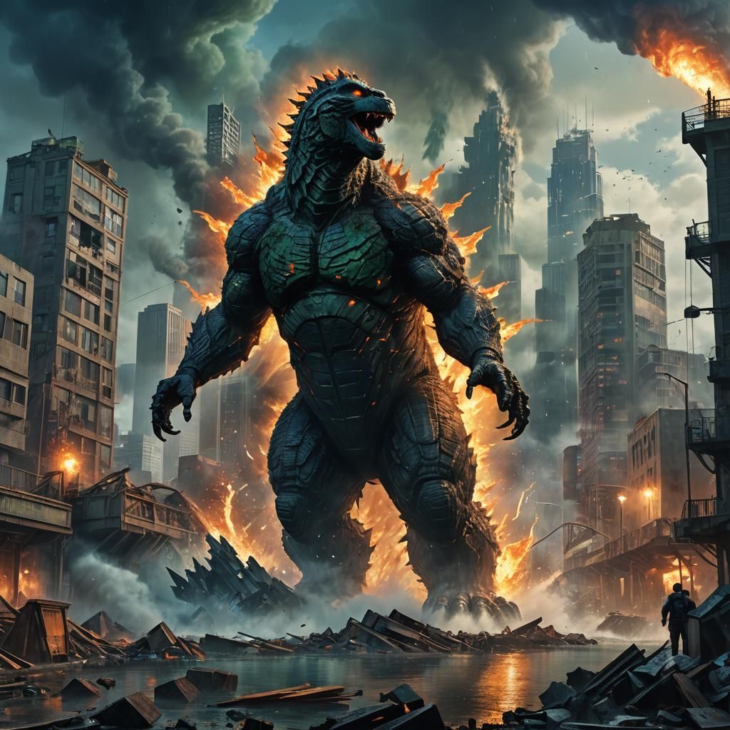 Godzilla in a Destroyed Harbor: Digital Concept Art