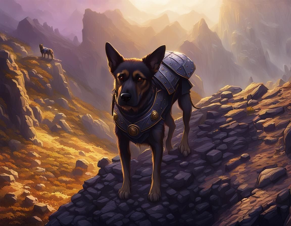 Armored War Dog in Dark Fantasy Landscape