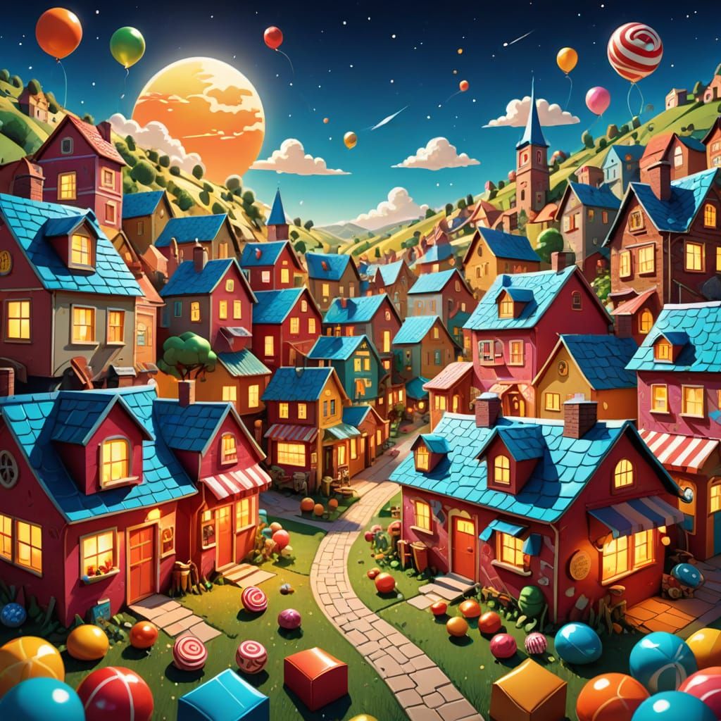 Cartoon Village Built of Food Packaging in Comic Style