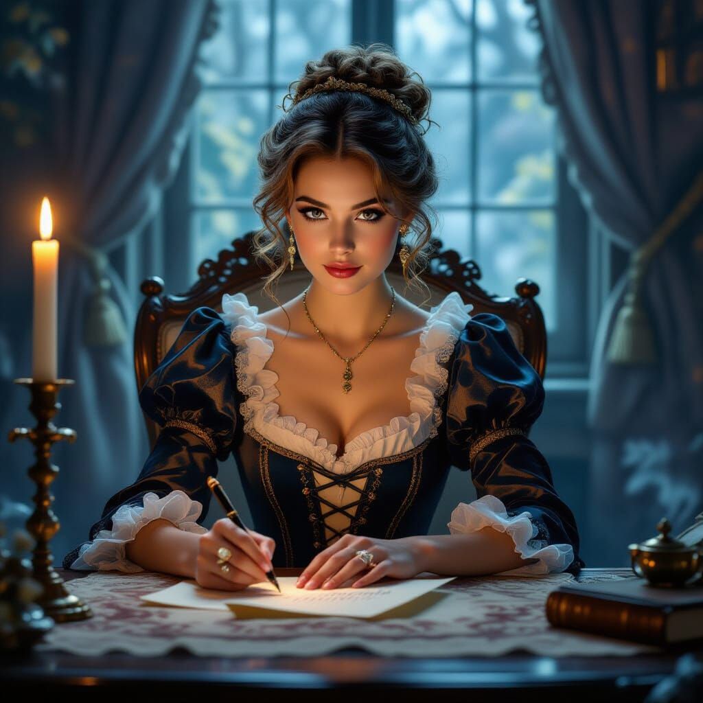 Woman Writes Letter by Candlelight in Kinkade Style