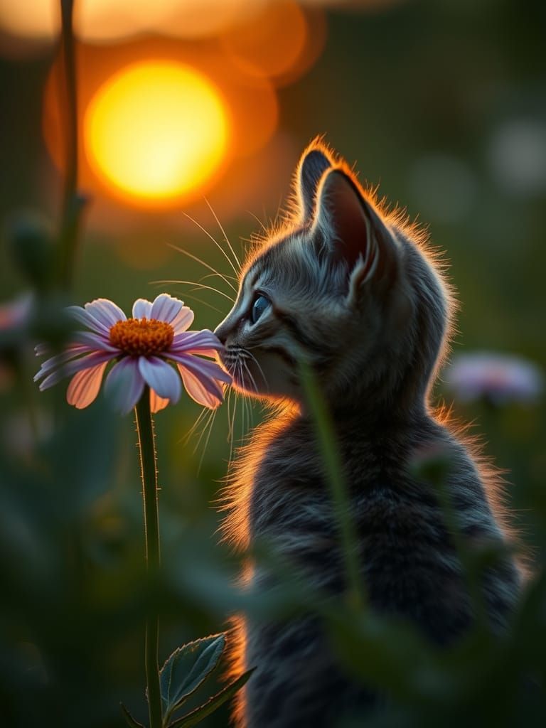 Surreal Flower and Kitten in the Dusk