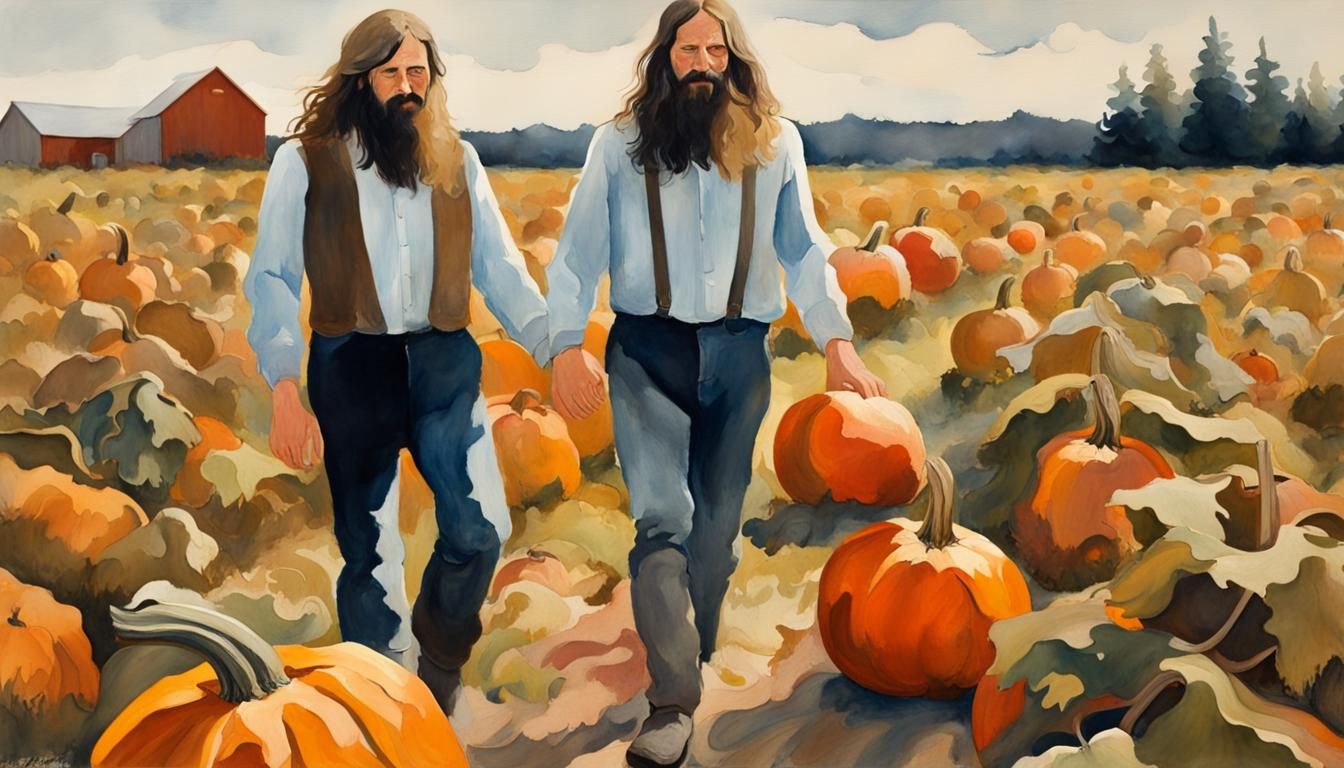 Men in Pumpkin Patch, Gouache and Watercolor Style