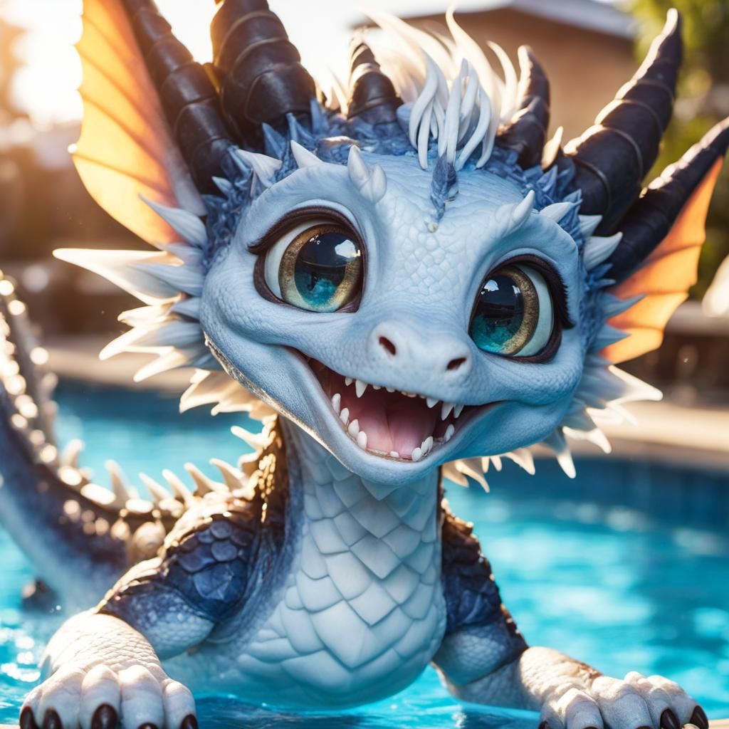 Happy Dragon by the Pool: Anime Style Portrait