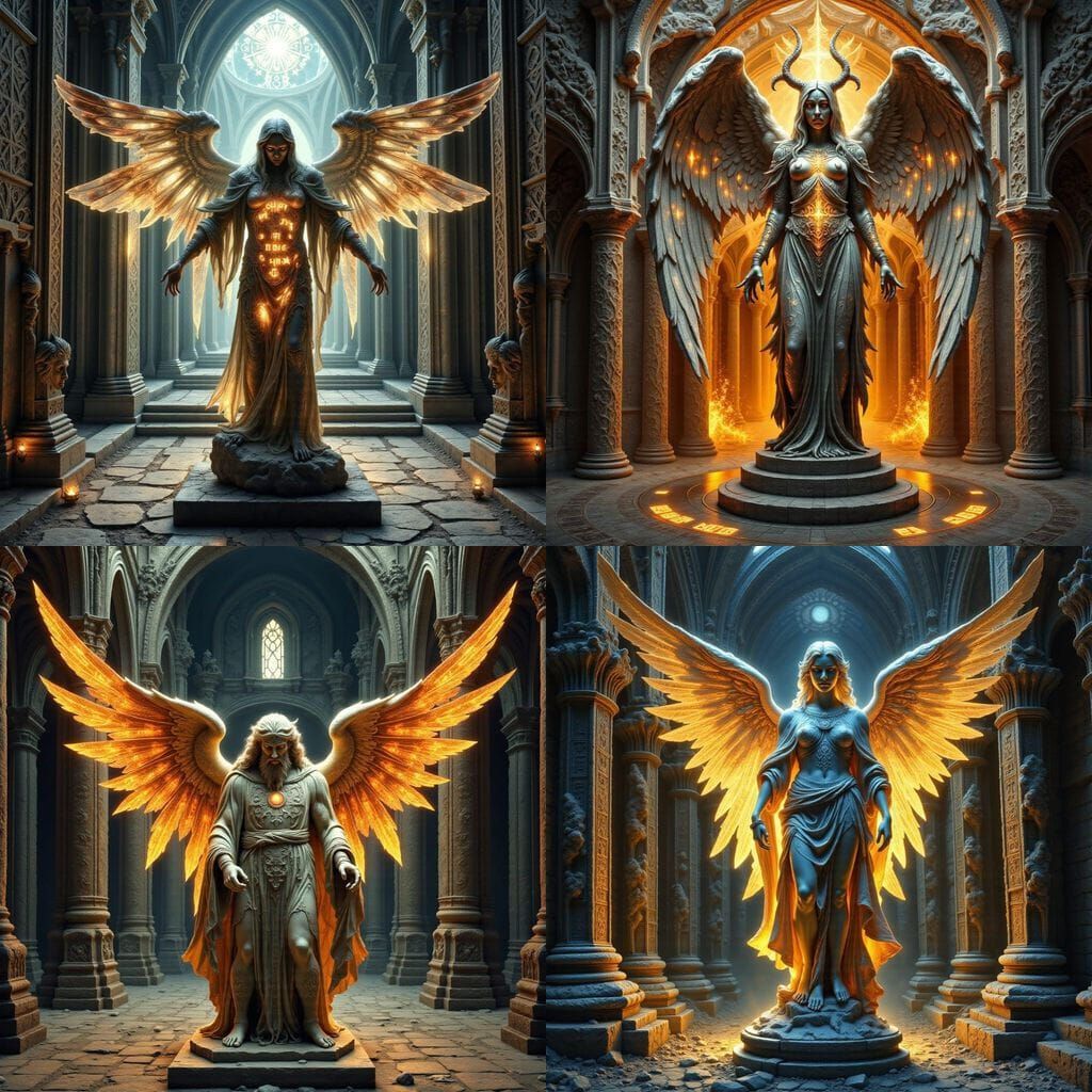 Stone Angel Statue in Gothic Ruins with Glowing Hieroglyphs