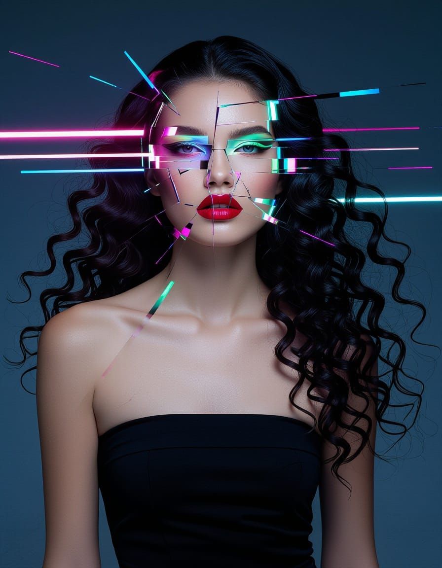 Surreal Fashion Model with Digital Glitch Effects