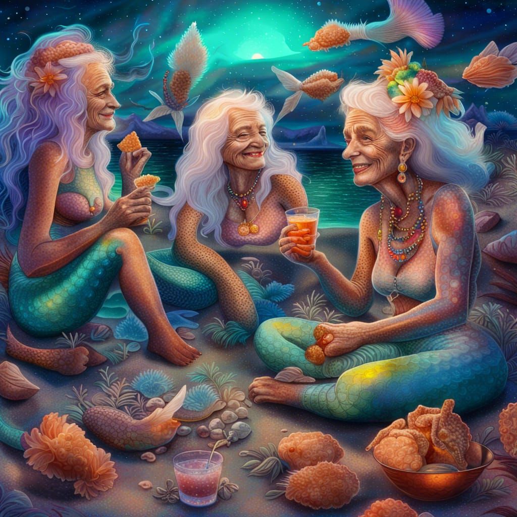 Elderly Mermaids relaxing on a beach and sharing a bucket of...