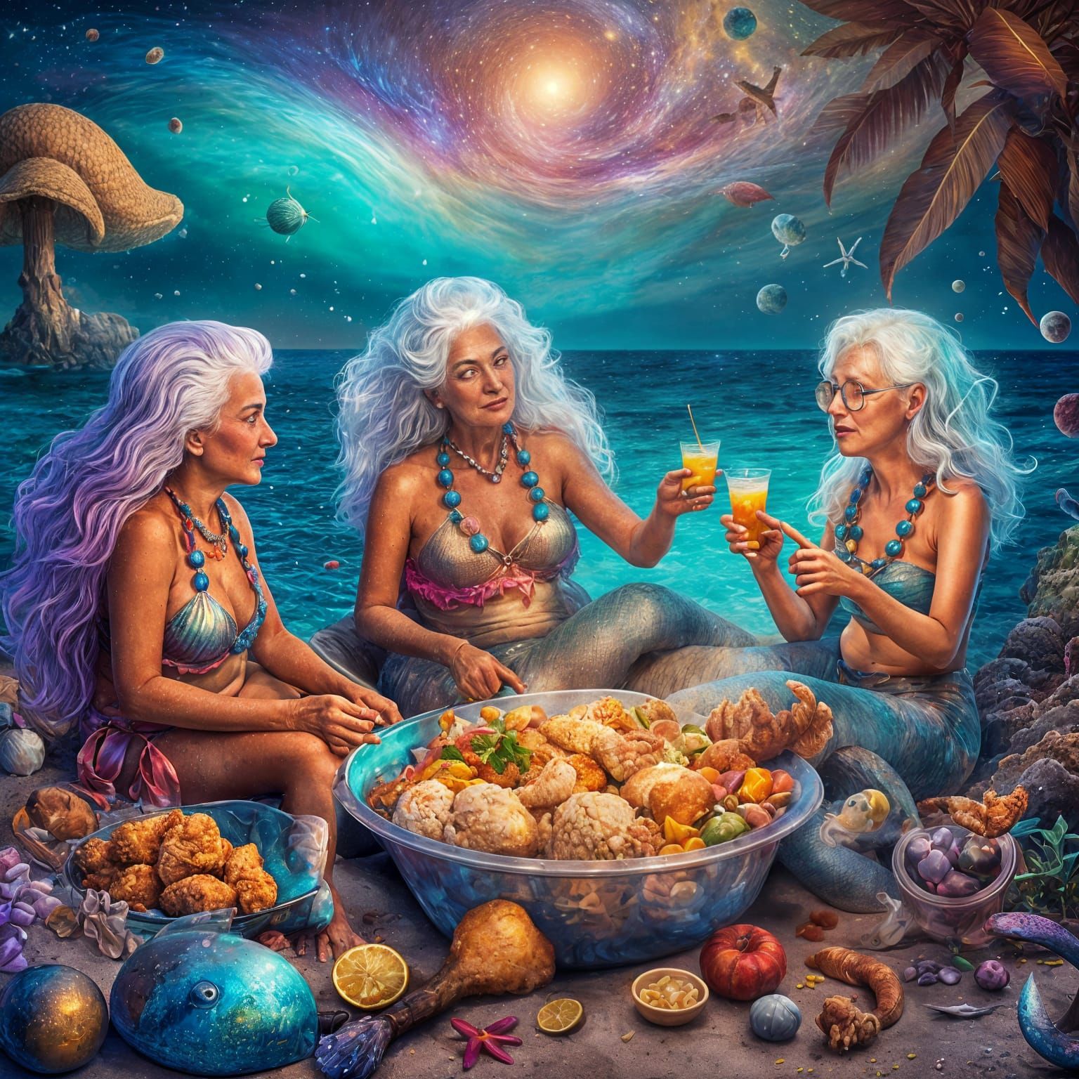 Elderly Mermaids relaxing on a beach and sharing a bucket of...