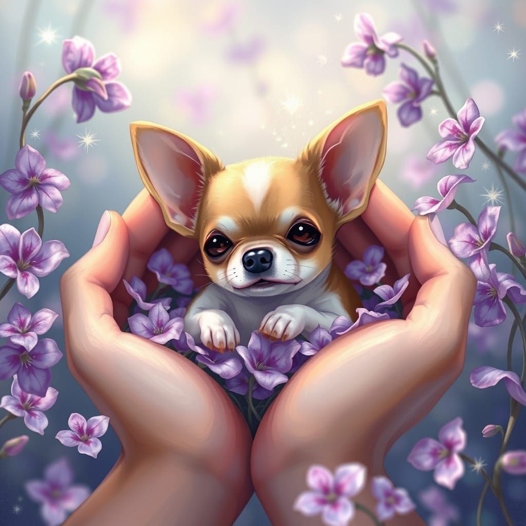 Chihuahua in Hands with Violet Flowers, Fairy-like Style
