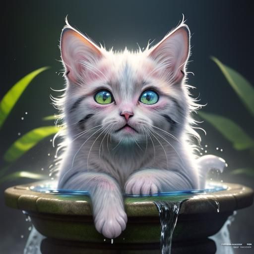 Adorable Wet Kitten Near Fountain, Watercolor Art