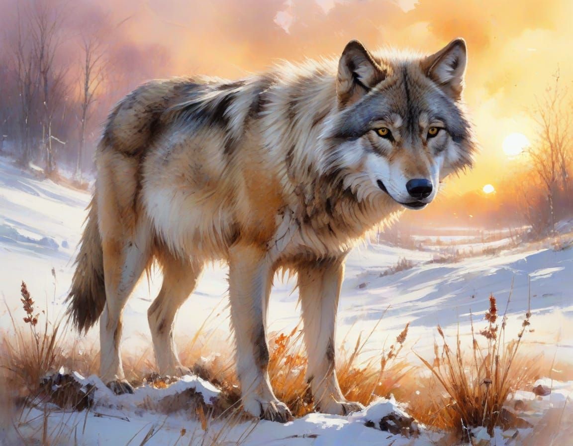 Winter Wolf on Spring Meadow, Watercolor Style