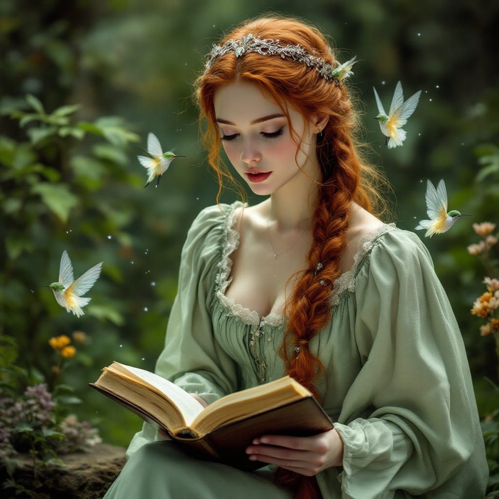 Princess Reading Book with Fairies and Hummingbird