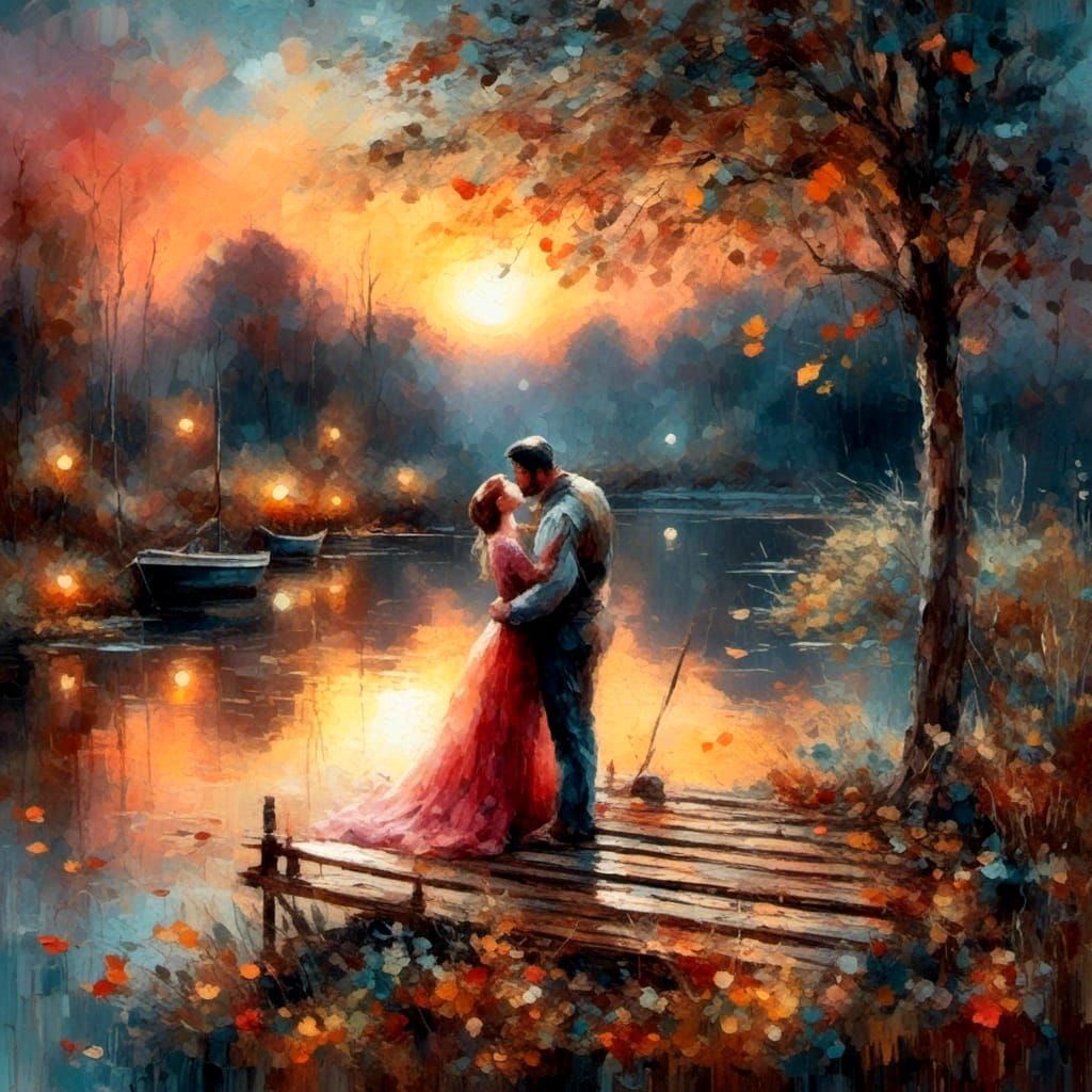 Romantic Twilight Kiss at Autumnal Pond
