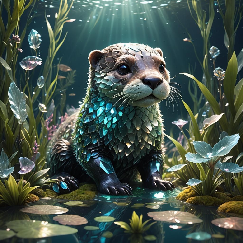 Crystal Otter Swimming in Bioluminescent Ocean