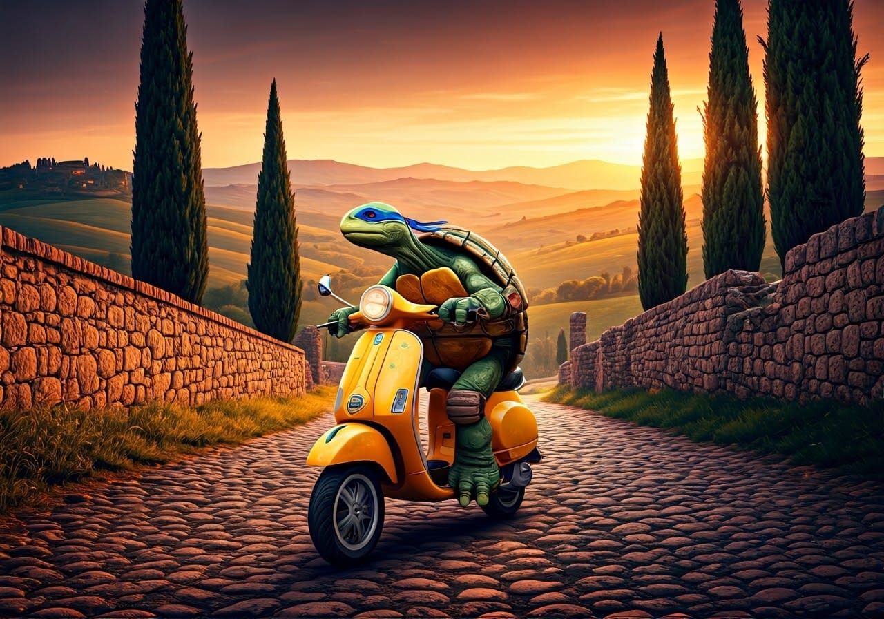 Ninja Turtle on Vespa in Italy, Digital Art
