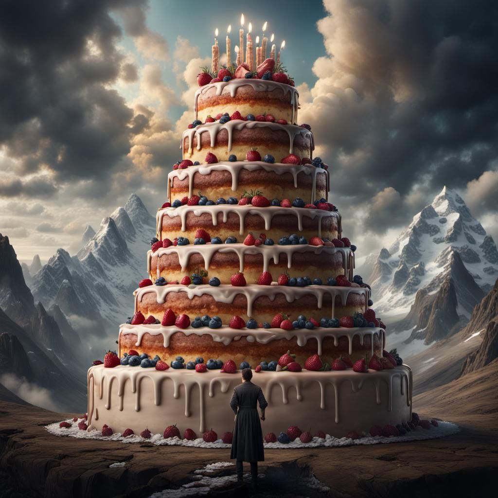Giant Holding Multi-Tiered Cake: Epic Digital Painting