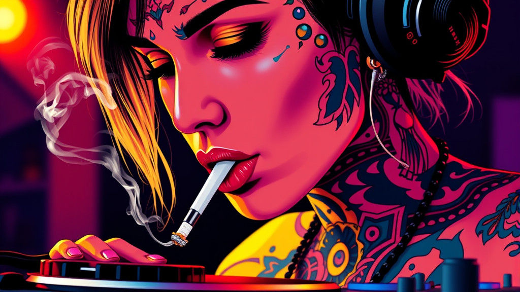 Colorful DJ Portrait with Tattoos in Pop Surrealism Style