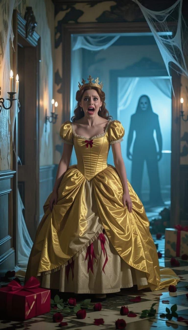 Terrified Princess in Ruined Ballroom, Cinematic Lighting