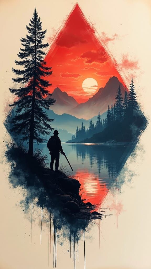 Epic Sunset Hunter in Geometric Watercolor Masterpiece