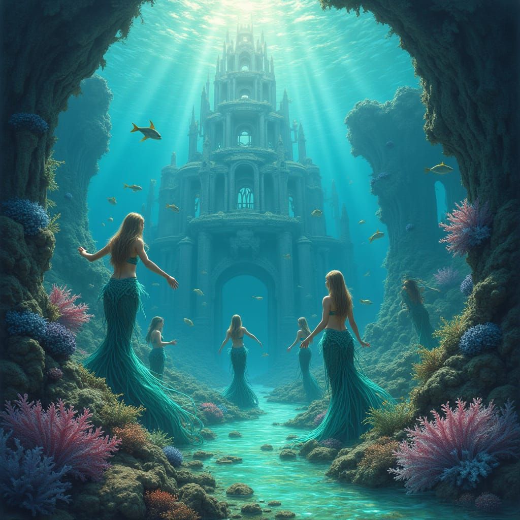 Underwater City with Mermaids and Bioluminescent Coral