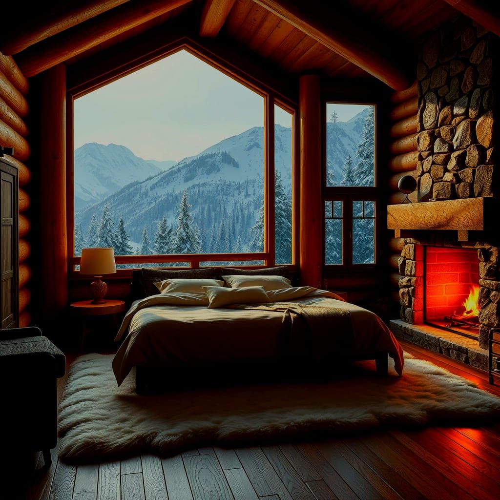 Cozy Rustic Log Cabin Bedroom with Snowy Mountain View