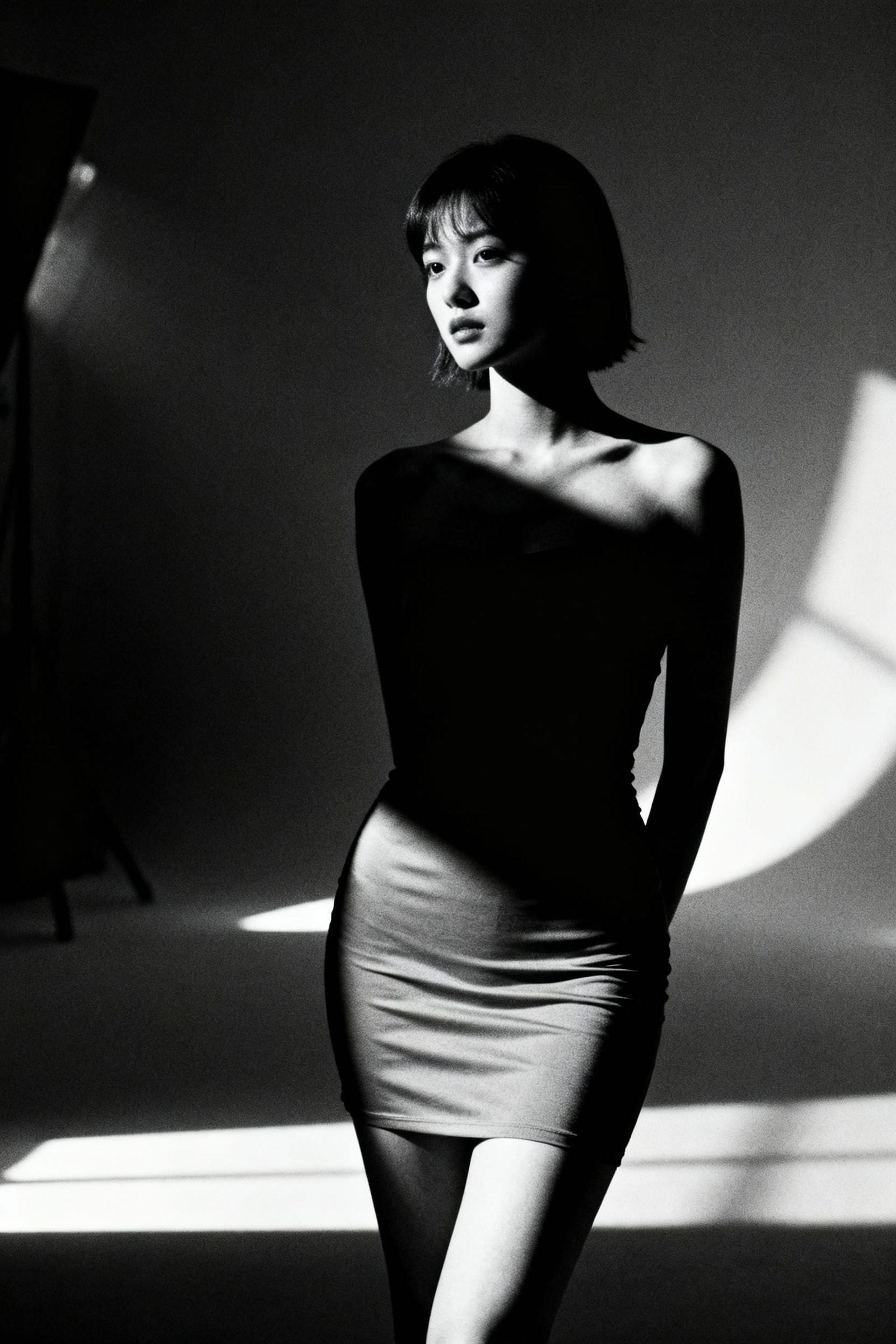 Black and white fine art photography of a young woman wearin...