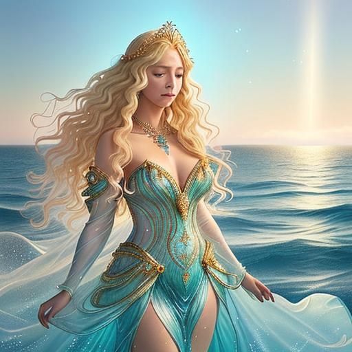 Water Nymph with Golden Fractals in Watercolor Style