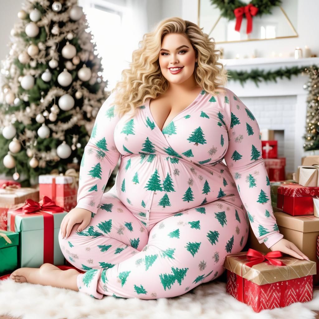 Pastel Christmas Scene with Plus-Size Woman