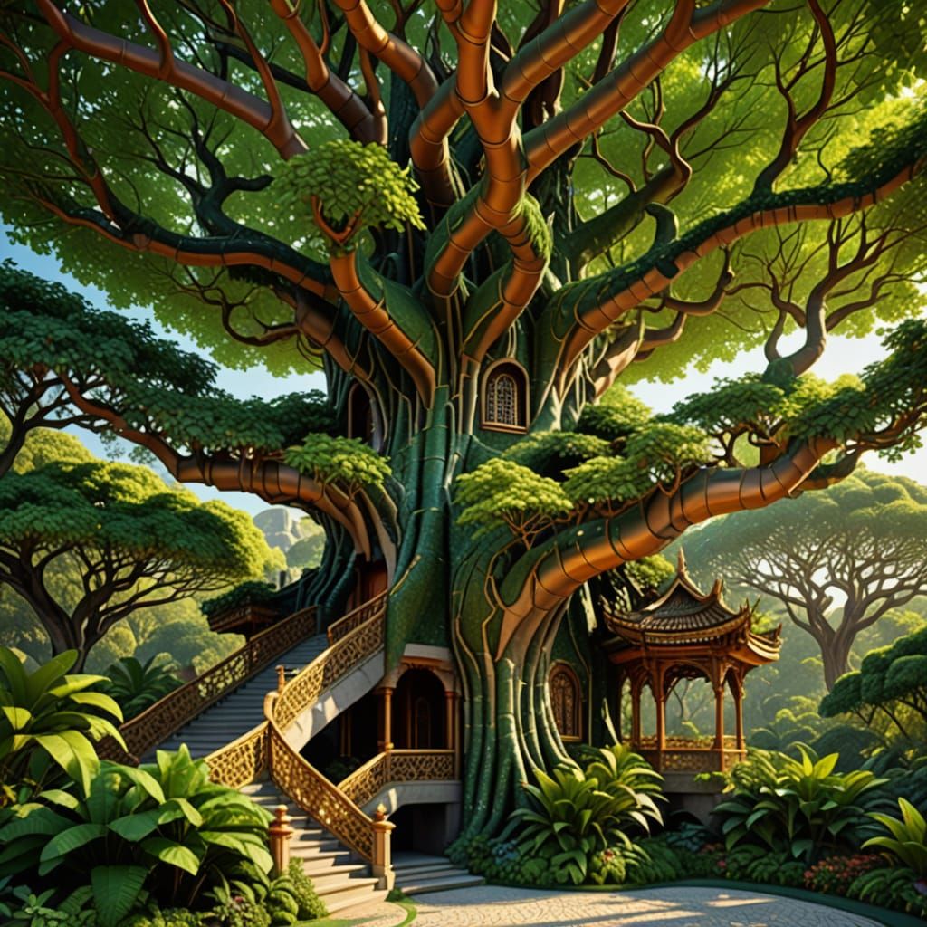 Verdant Pavilion with Banyan Tree in Mosaic Style