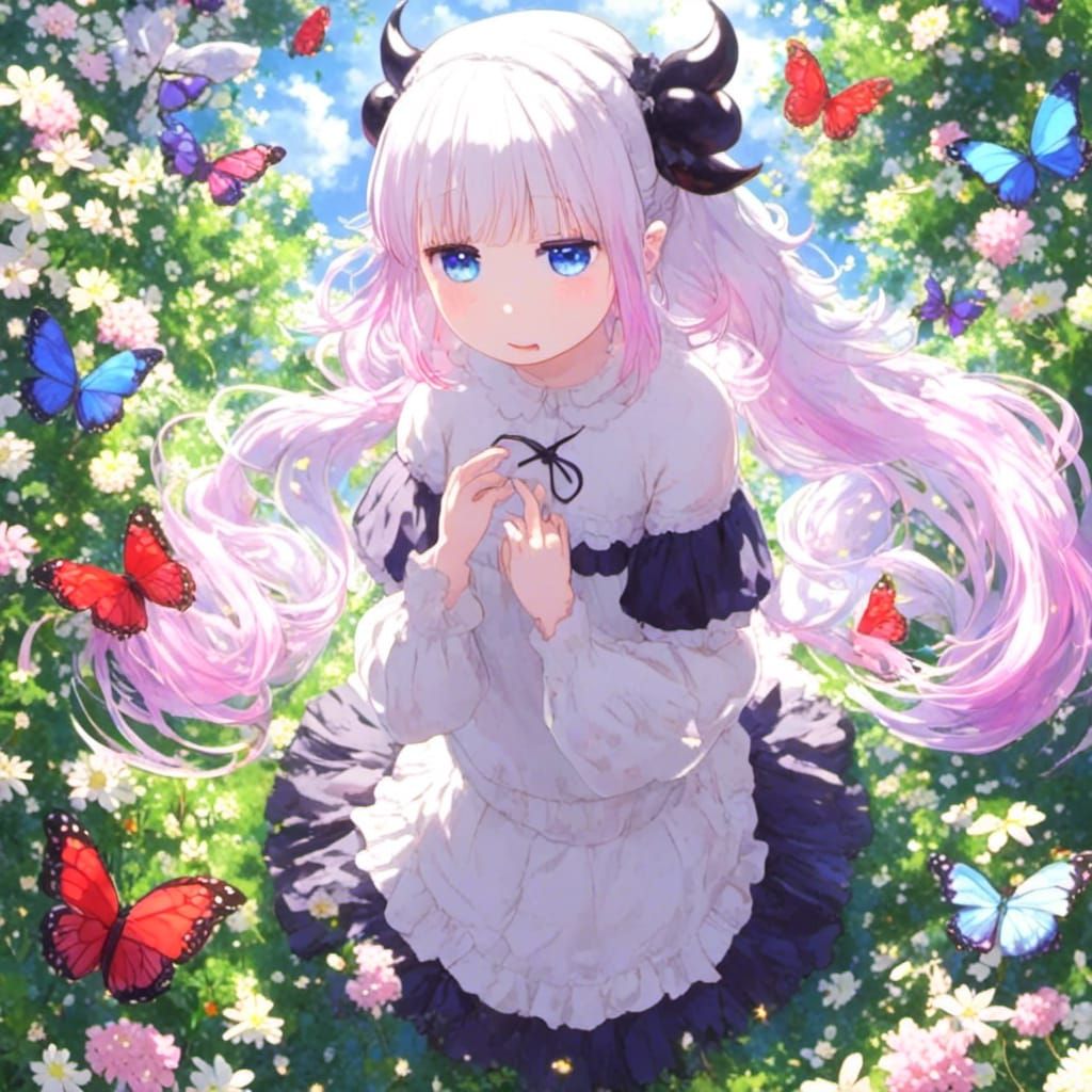 Anime Girl in Flower Garden with Butterflies