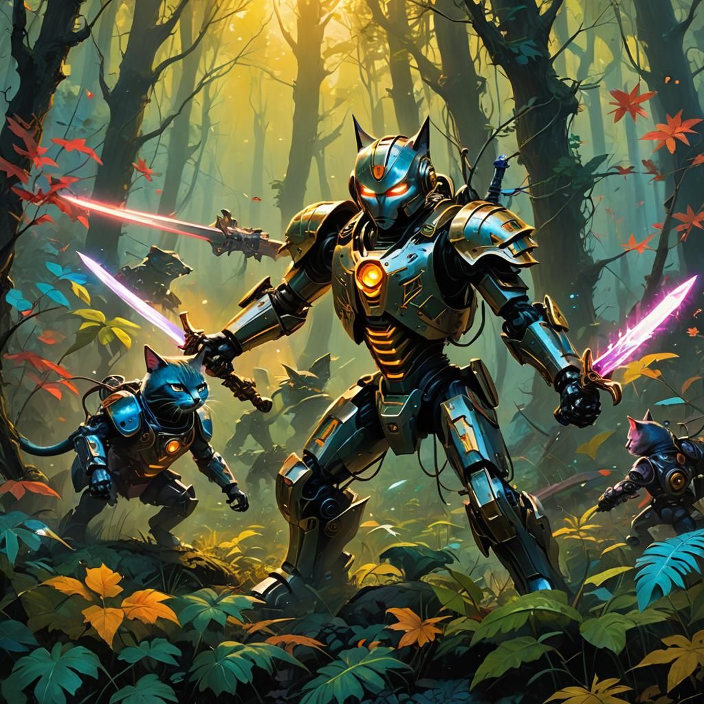Fantastical Robot Cats Clash in Neon-Lit Anomalous Forest