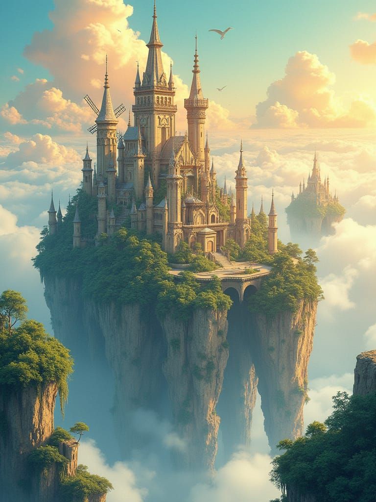 Majestic Island City in Studio Ghibli Watercolor Style