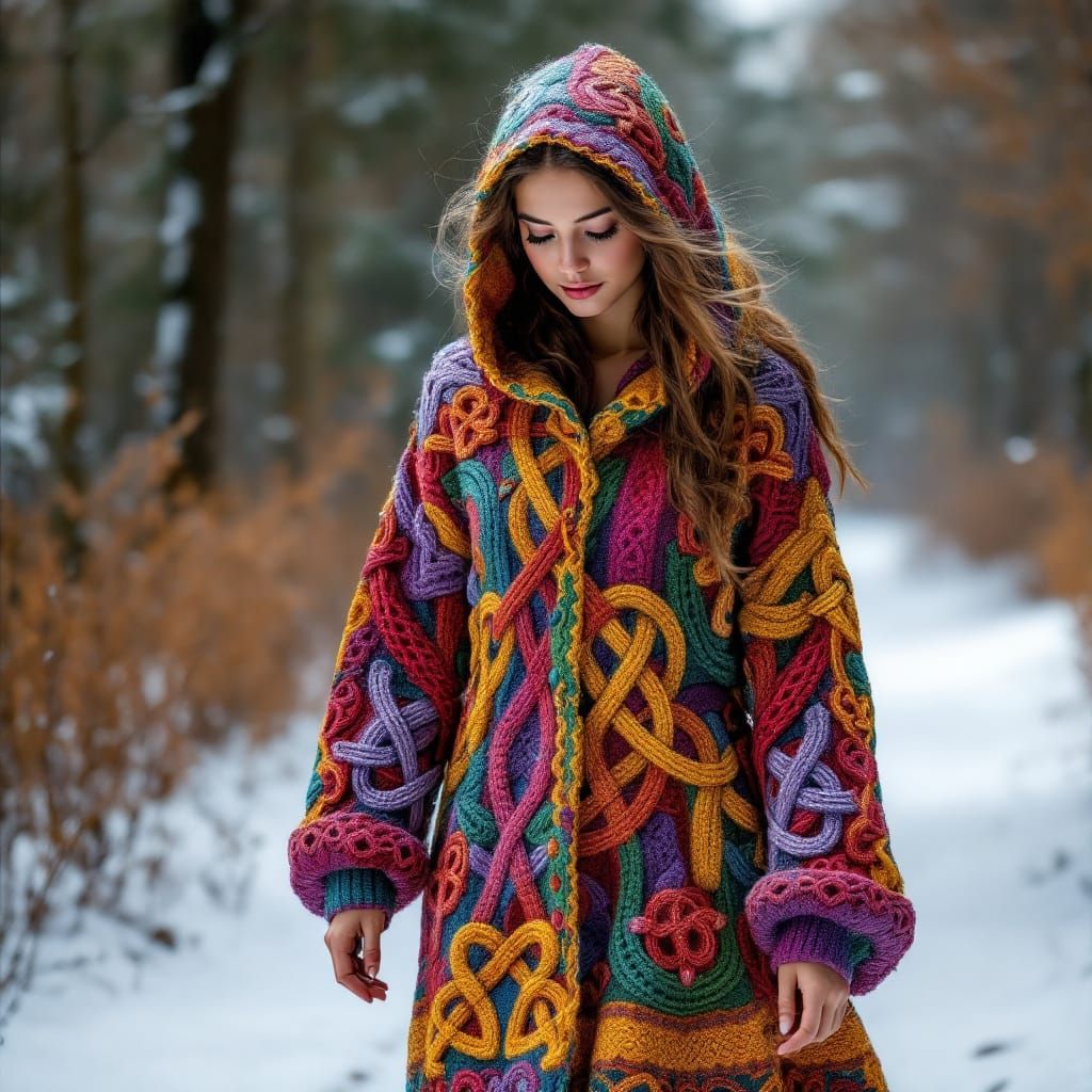 Woman in Rainbow Knitted Dress on Snowy Path
