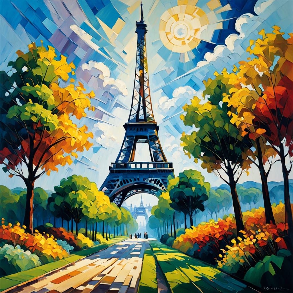 Cubist Eiffel Tower in Dreamlike Landscape