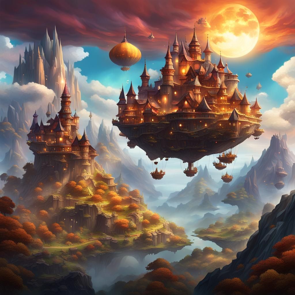 Fantasy Sky Kingdom with Steampunk Airships