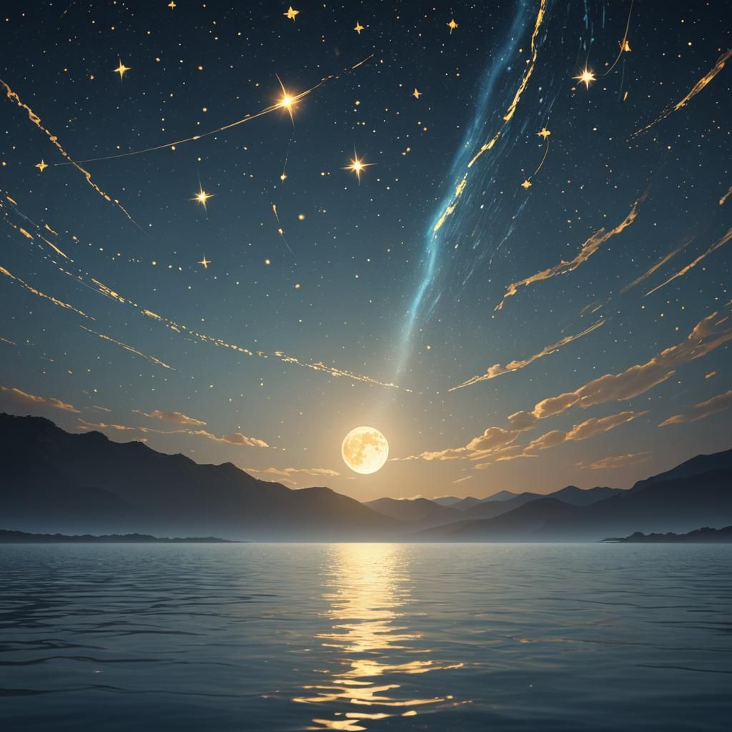 Glowing Moon and Golden Wave Under Starry Night