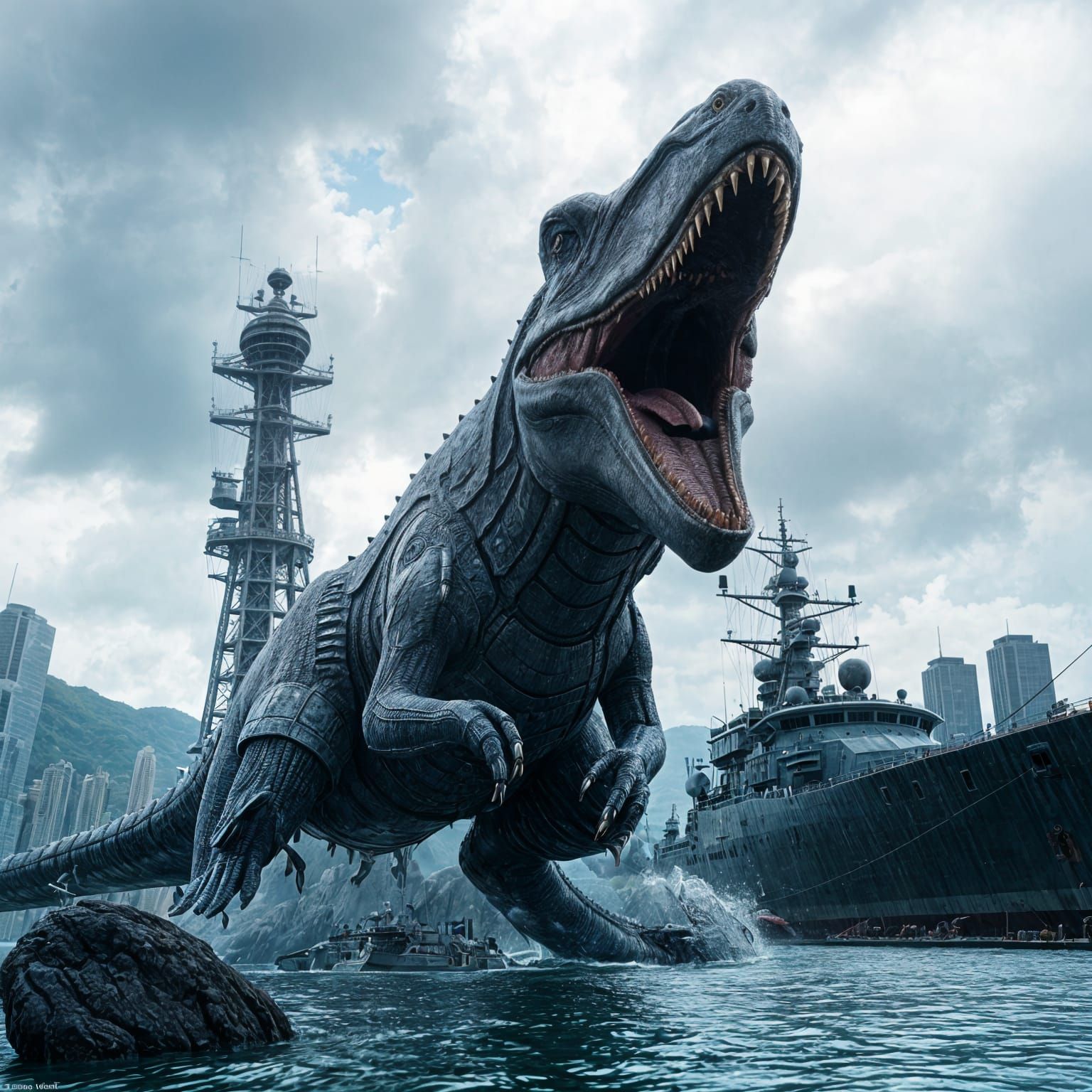 Giant Alien Mosasaur Attack in Hong Kong: Sci-Fi Render