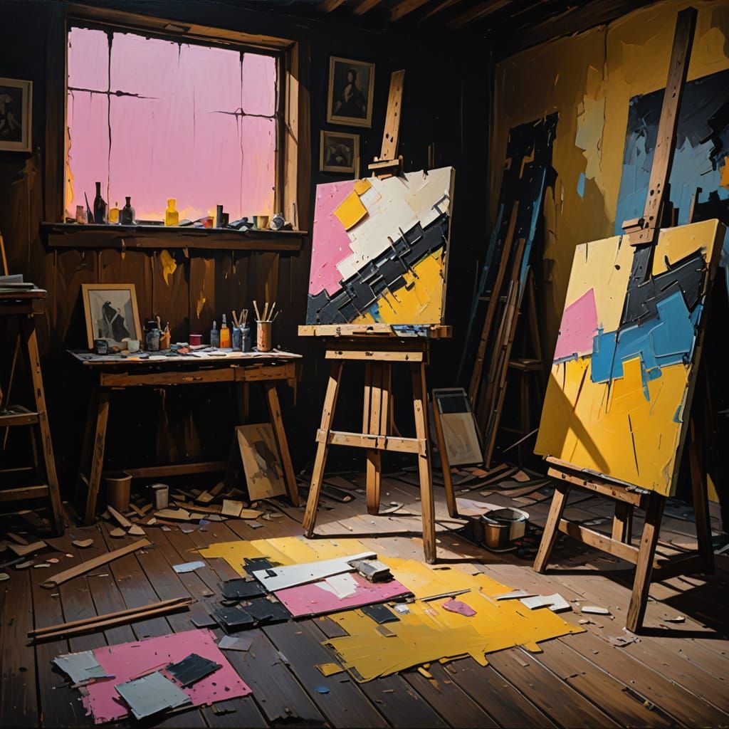Moody Oil Painting Studio with Neon Lights and Cracked Woode...