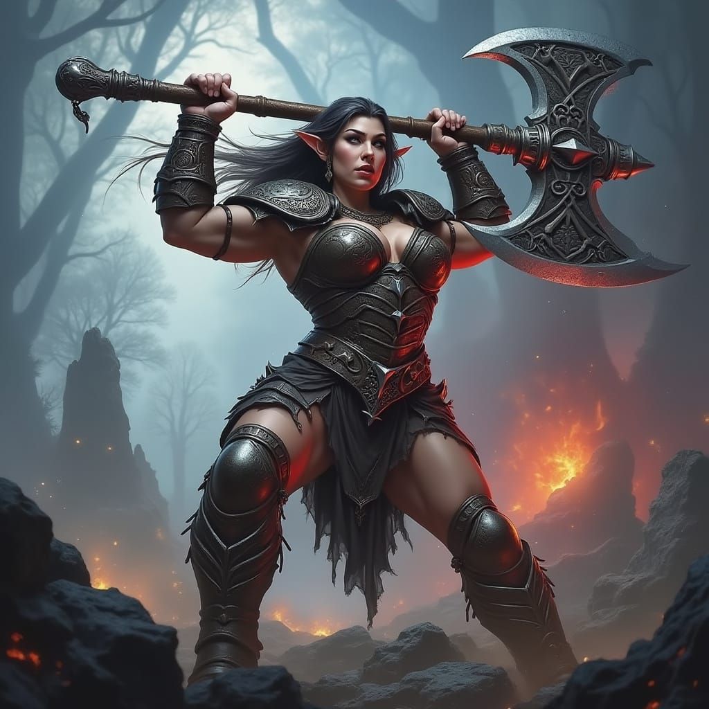 Muscular Elf Warrior in Leather Armor with Battle-Axe