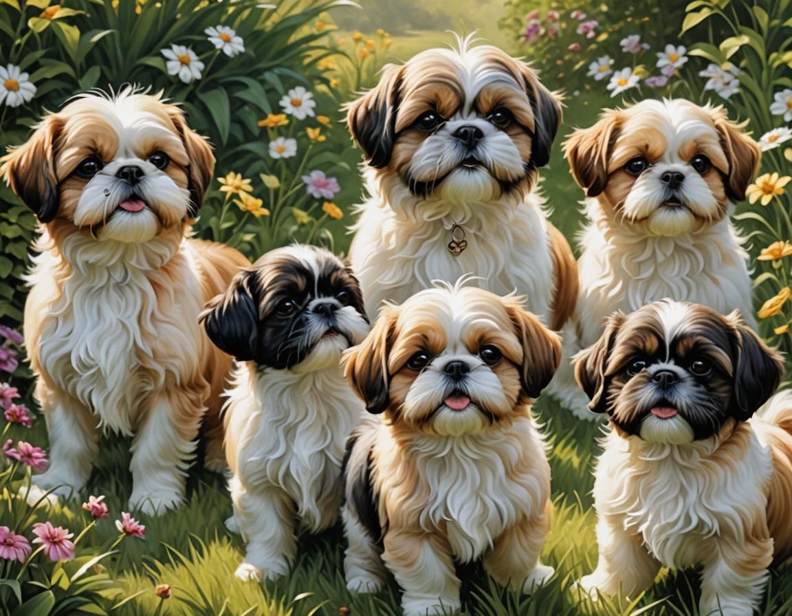 Five Happy Shih Tzu Dogs in a Meadow